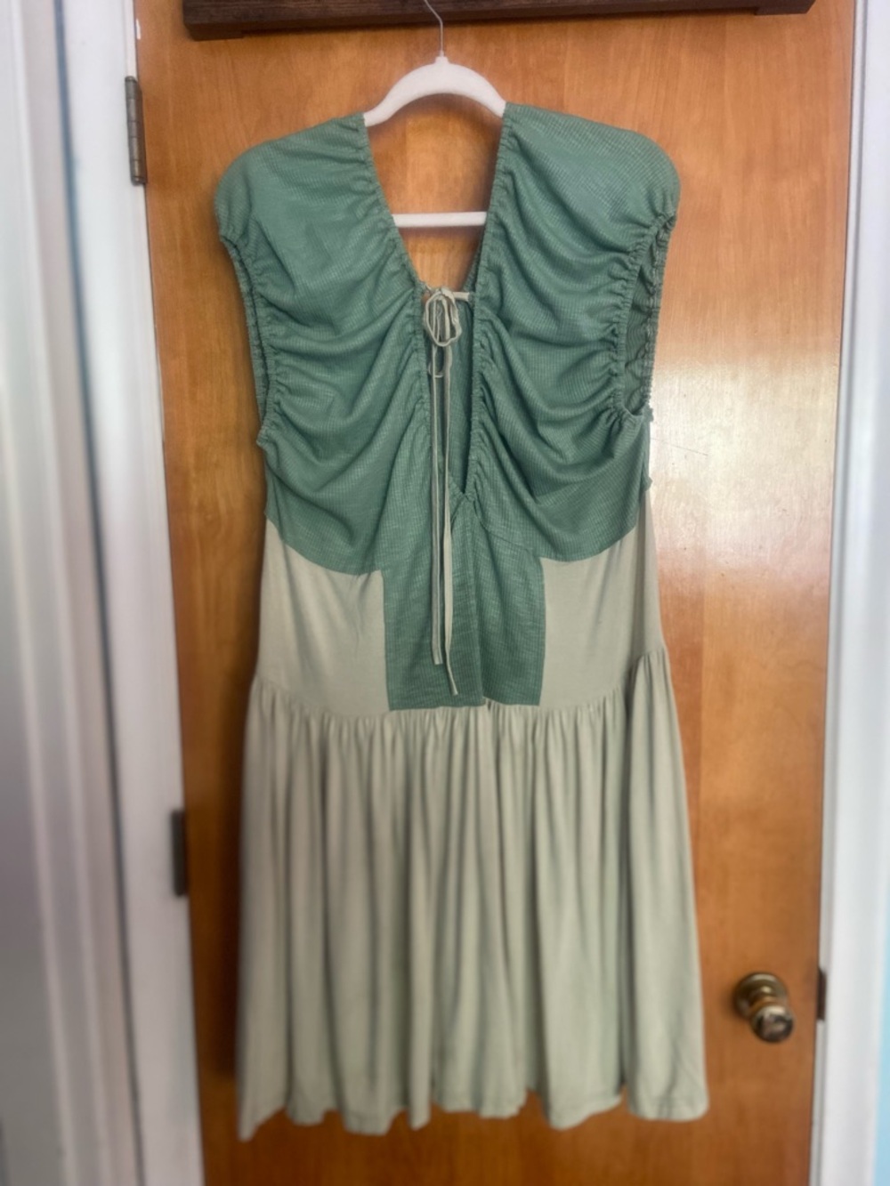 POL Two-Tone Sage and Light Green Ruched Tie-Front Midi Dress